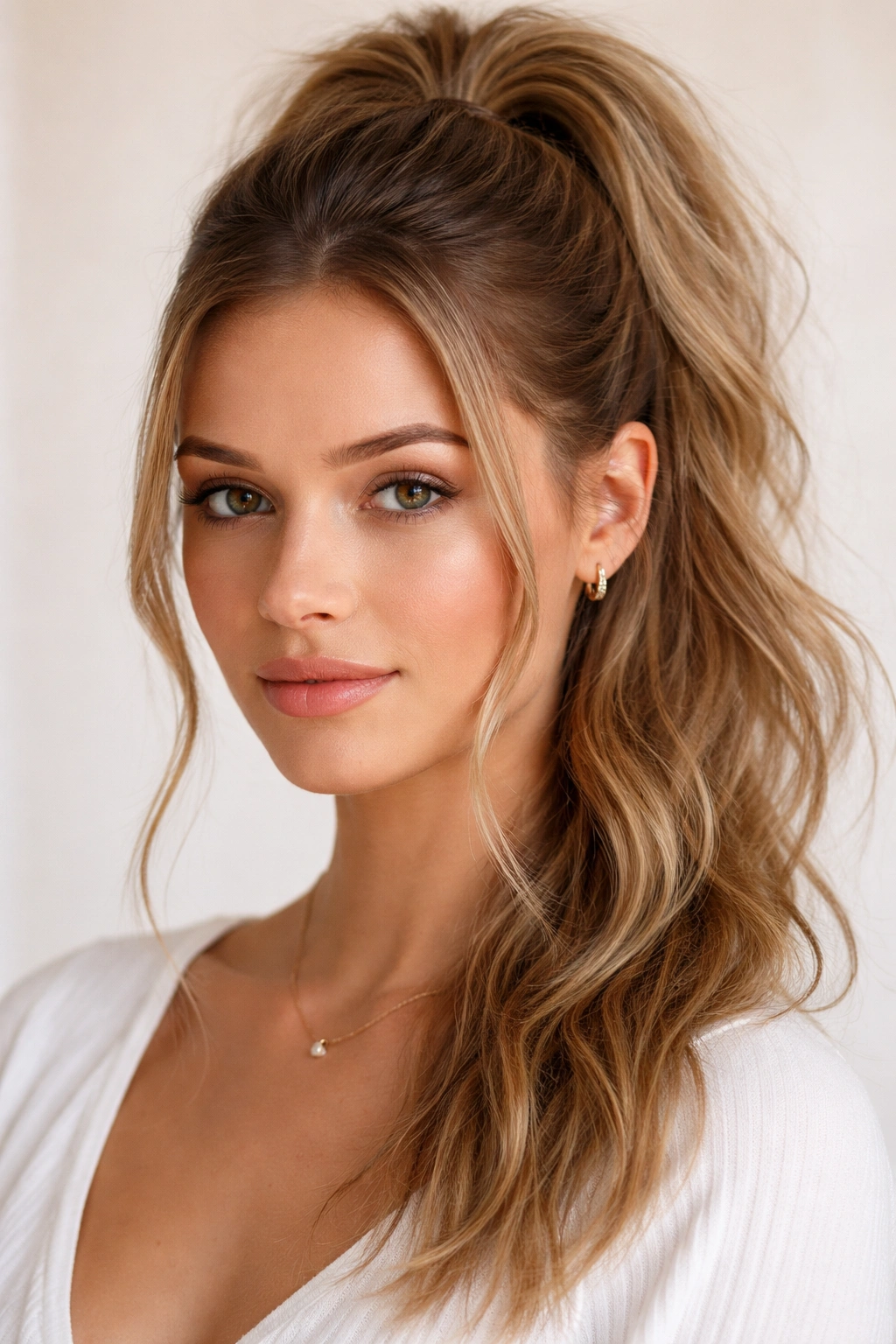 Close-up of sleek front with textured ends in a half up hairstyle