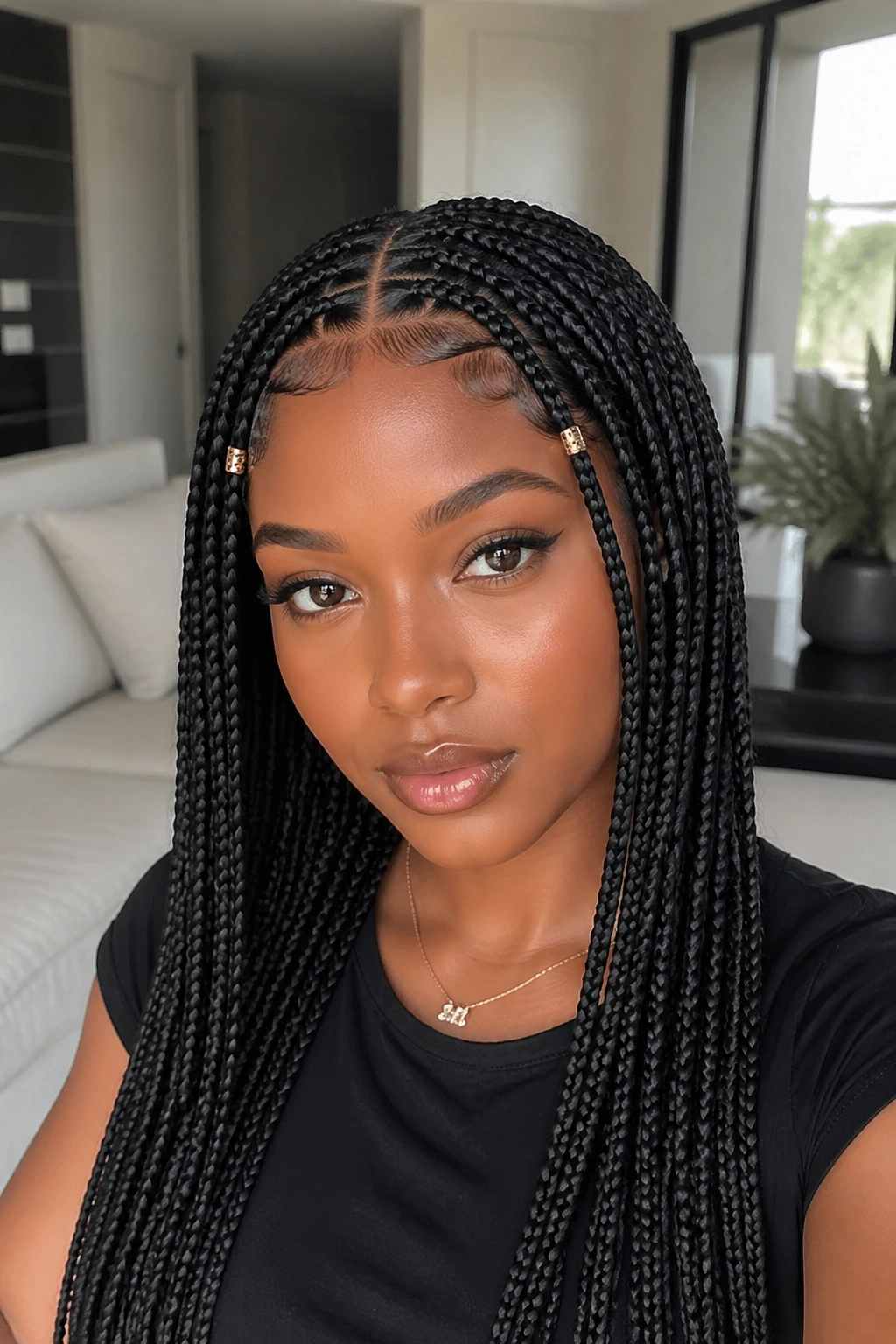 Portrait of sleek middle-part Fulani box braids with minimal accessories