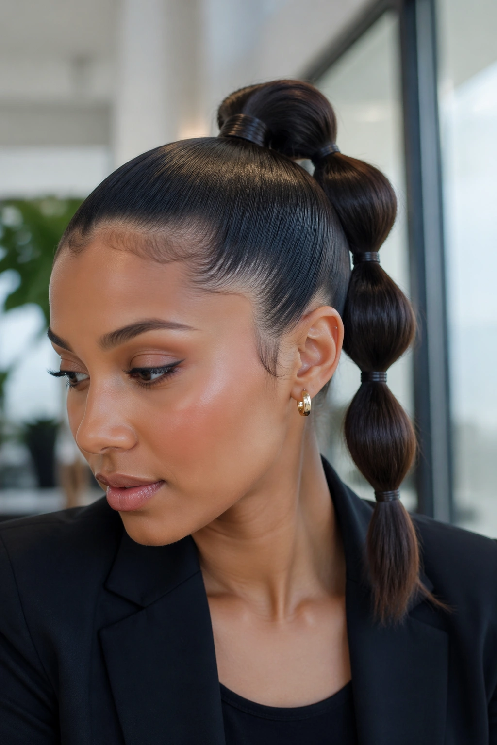 Close-up of a real person with a sleek gel bubble ponytail and shine