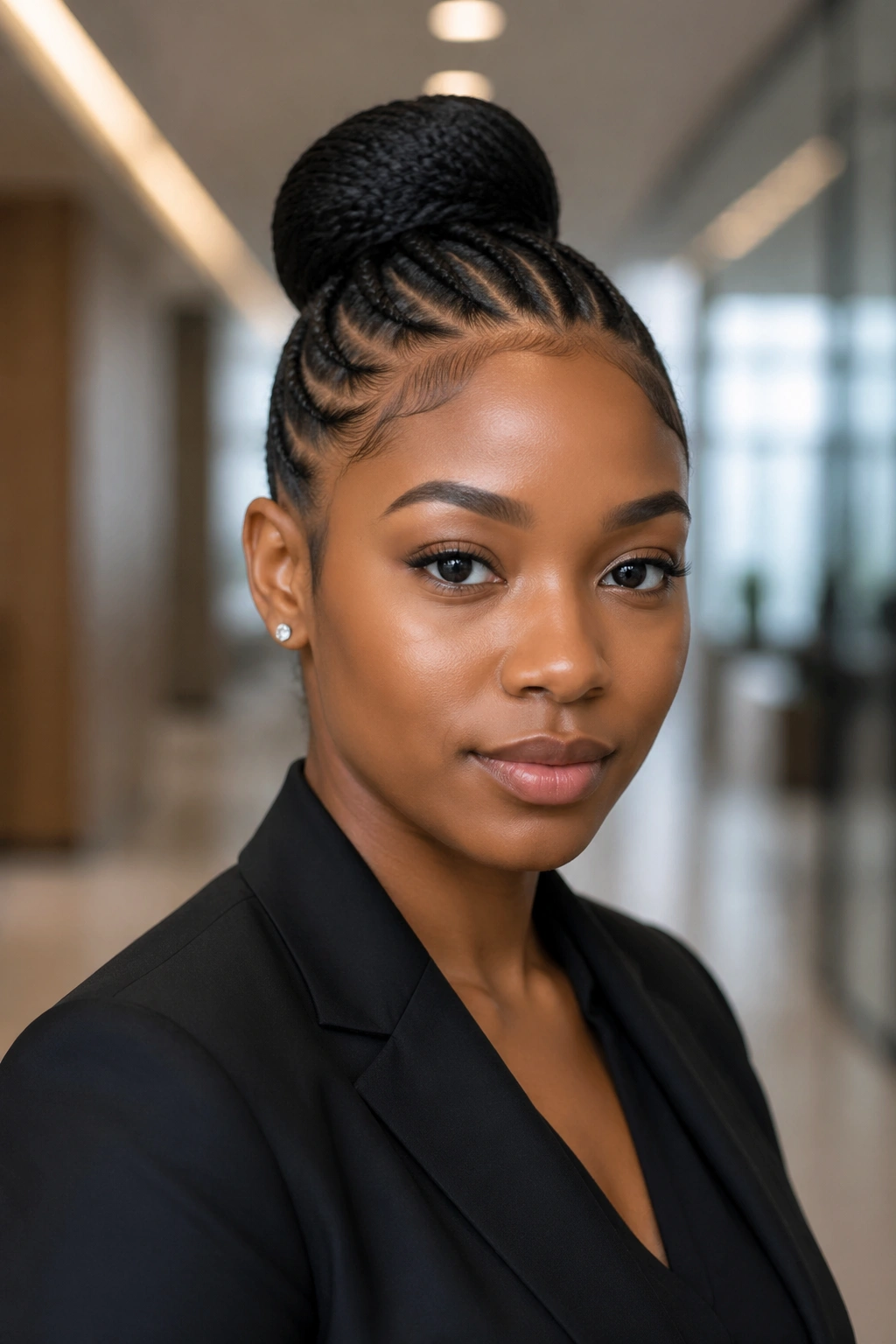 Close-up portrait of a real woman with Sleek Goddess Bun and crisp edges
