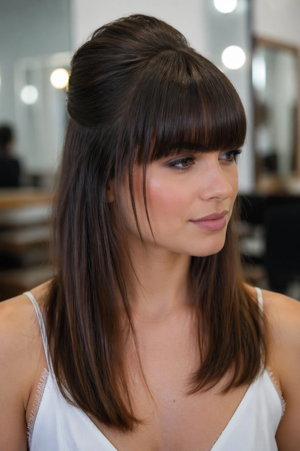 Close-up portrait of Sleek Half-Up With Blunt Bangs on a real woman with blunt bangs