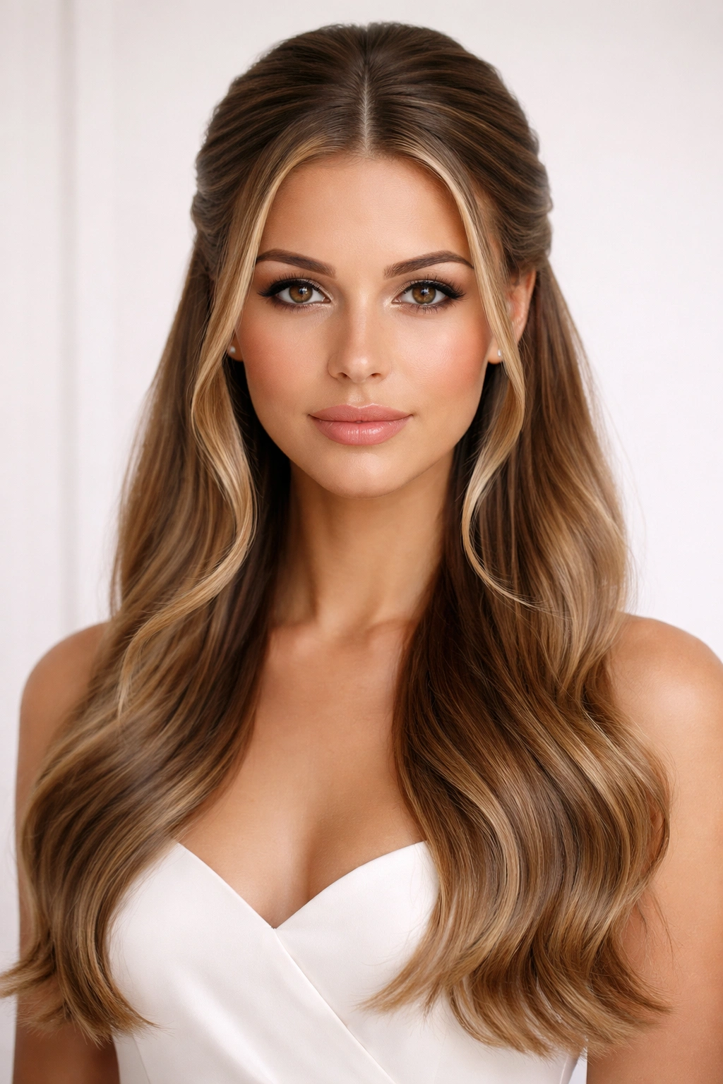 Sleek center-part half-up hairstyle with smooth top and glossy length