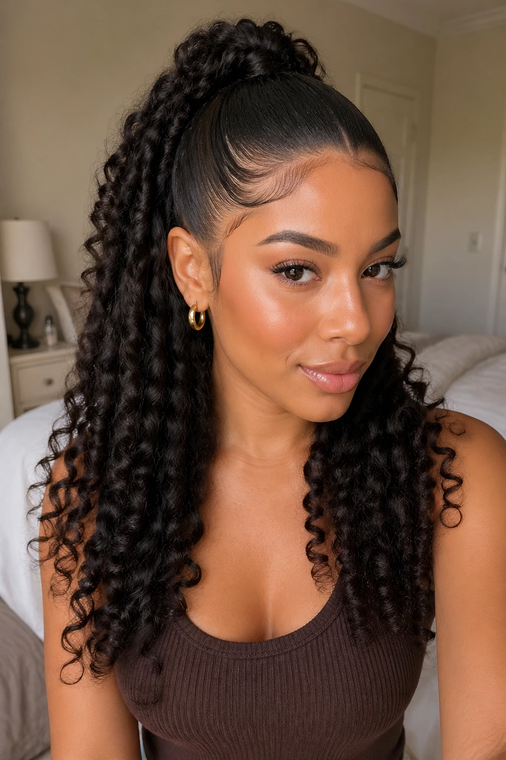 Close-up of a woman with a sleek gel-slicked top half and curling cascade beneath.