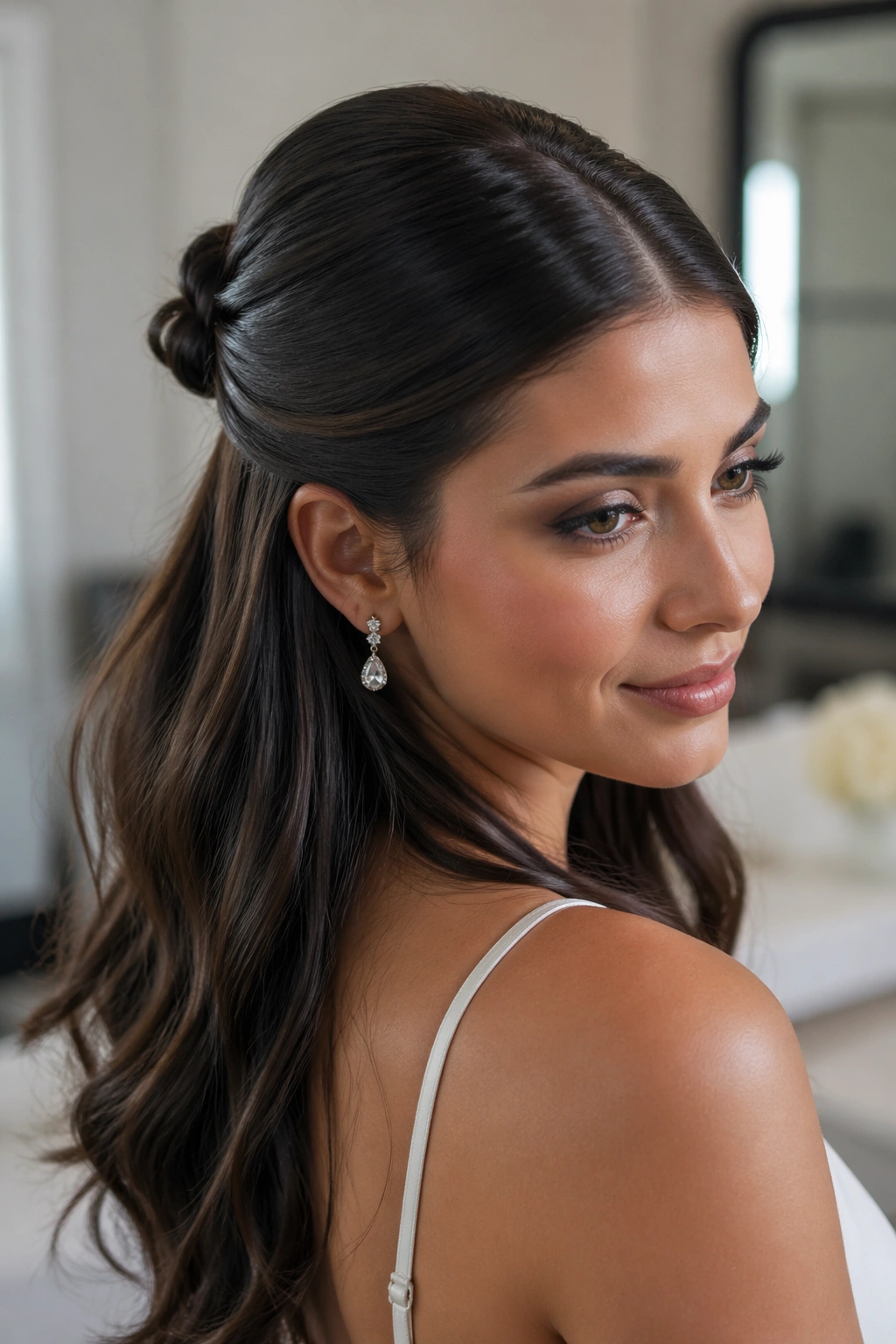 Close-up of a real bride wearing a sleek half-up knot with a middle part