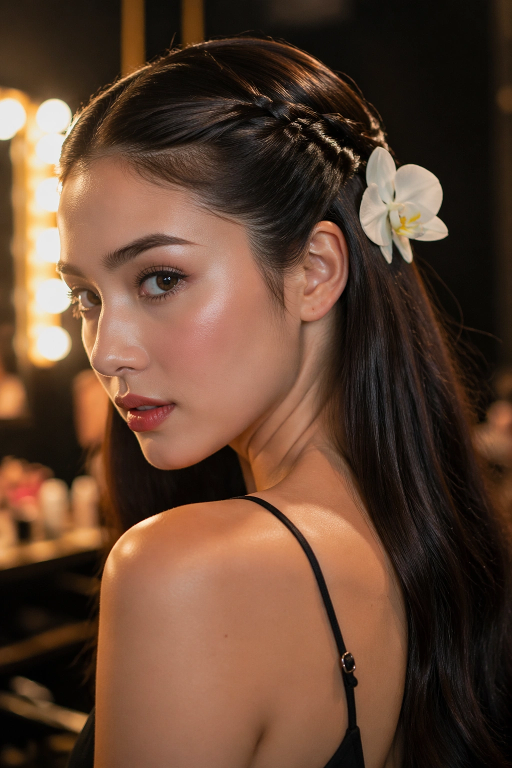 Close-up of a real woman with a sleek half-up braid and a single orchid