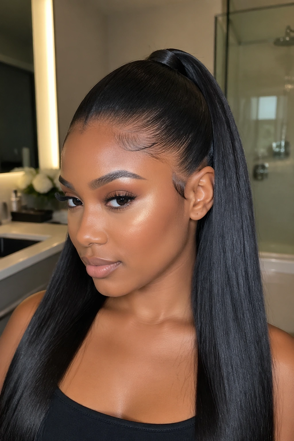 Close-up of a real person with a sleek half-up frontal ponytail and bone-straight lengths