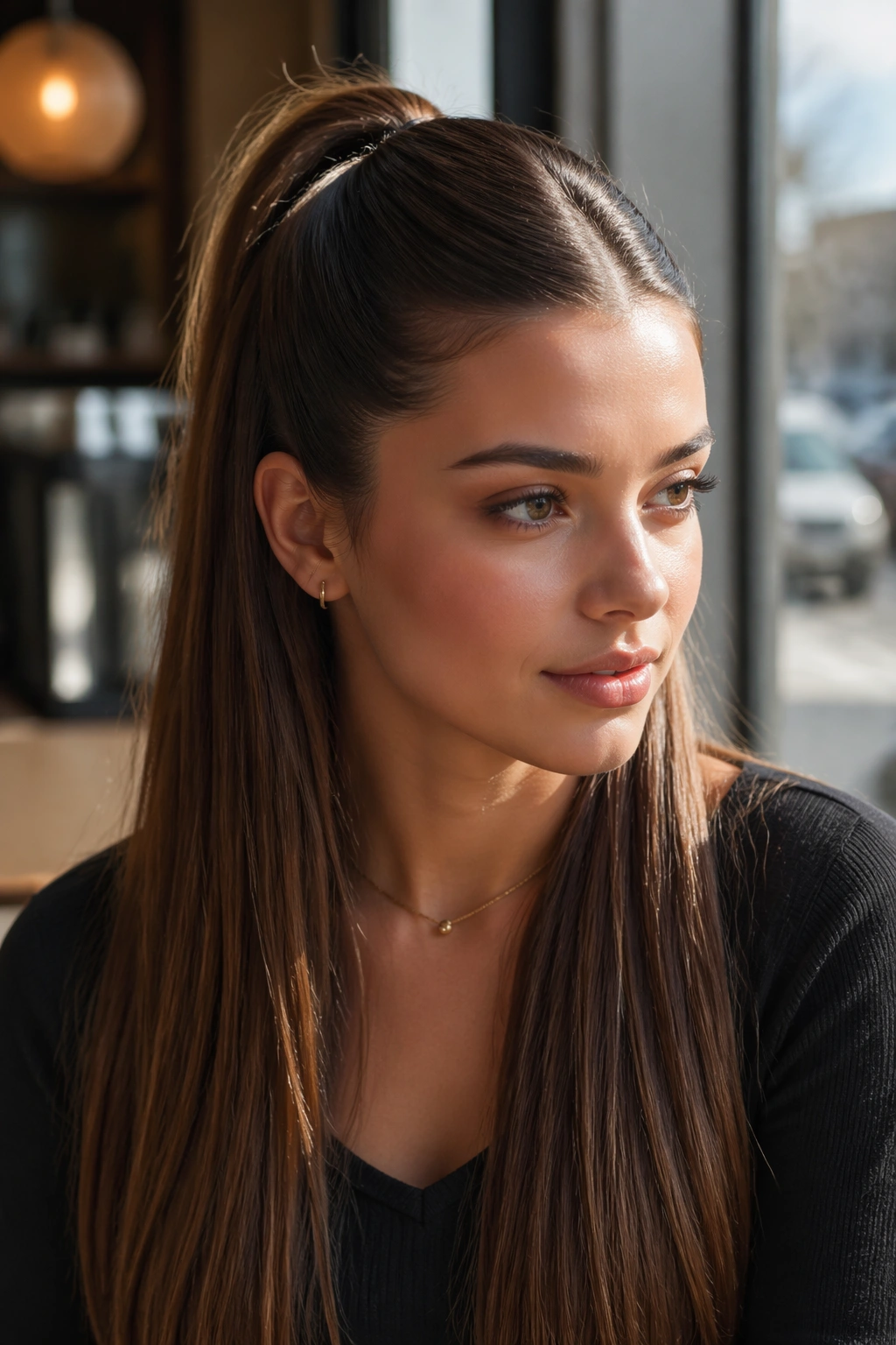 Real woman with center-part sleek half-up ponytail in warm light.