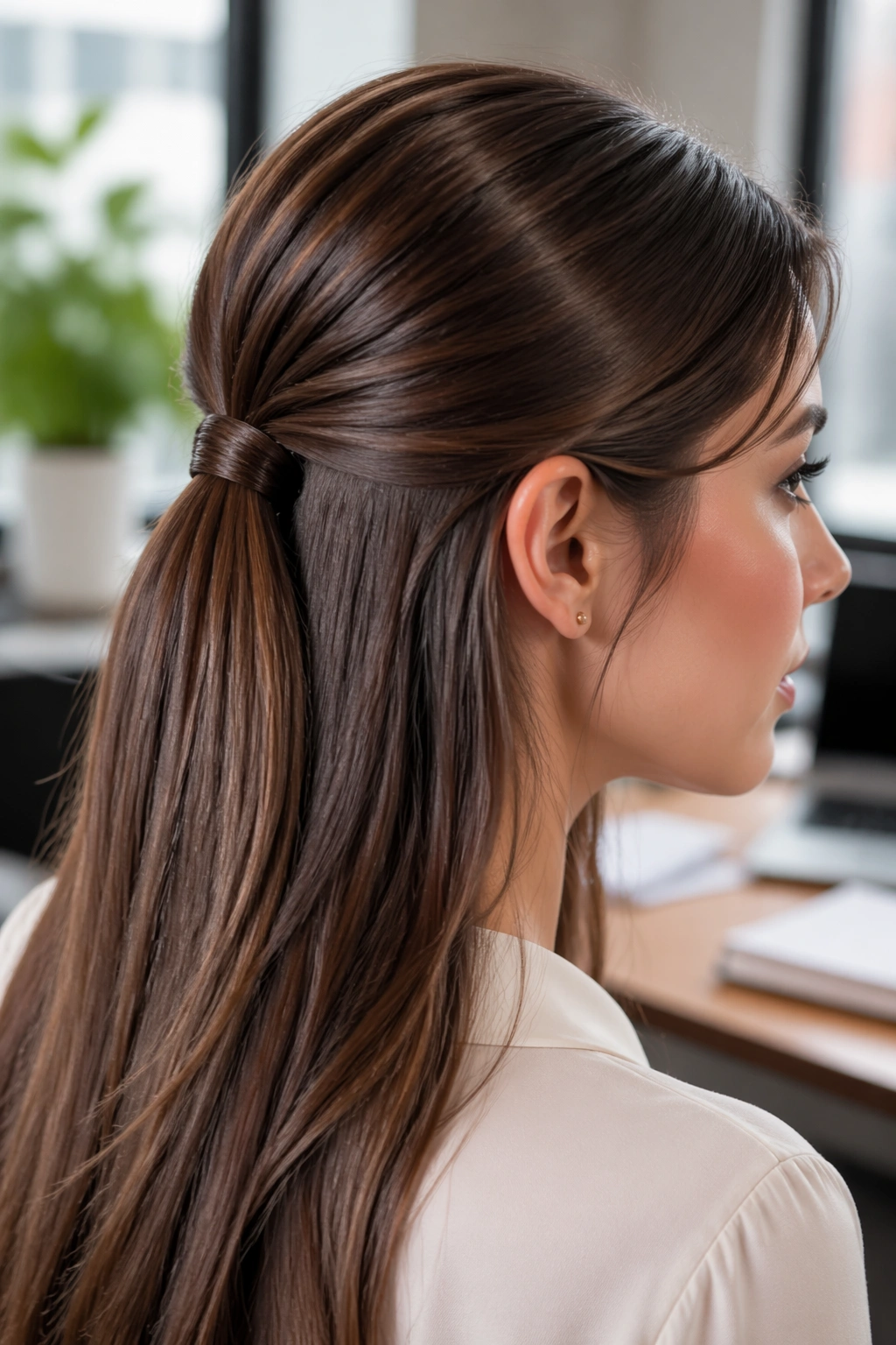 Close-up of a sleek low half-up ponytail with a wrapped base on a real woman in an office setting
