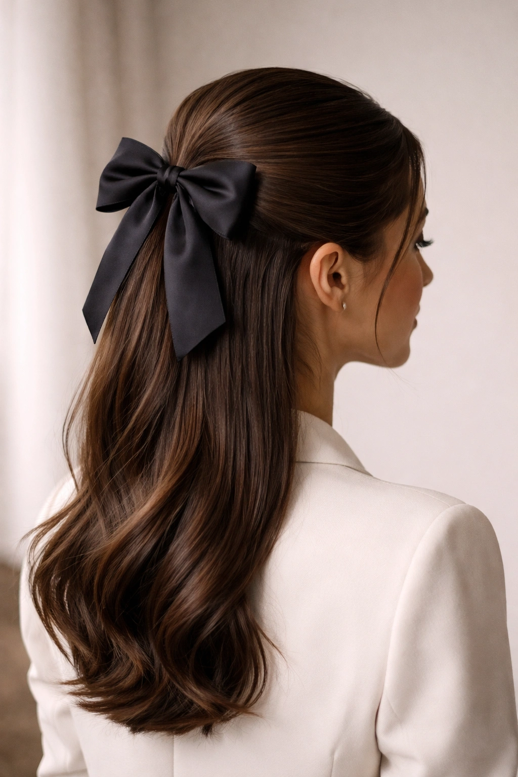 Close-up of sleek half-up ponytail with satin bow, polished crown and neat anchor.