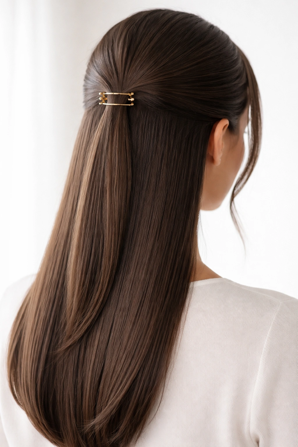 Sleek straight hair half-up with a slim clip