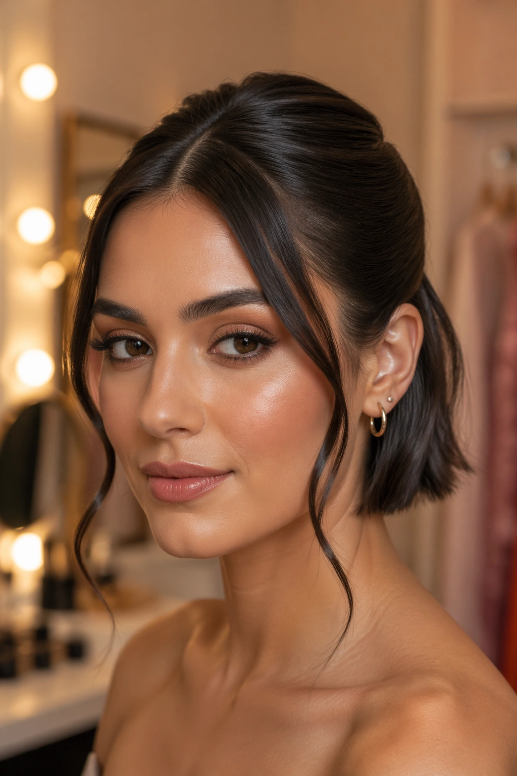 Close-up of a real woman with short hair showing sleek half-up with face-framing tendrils.