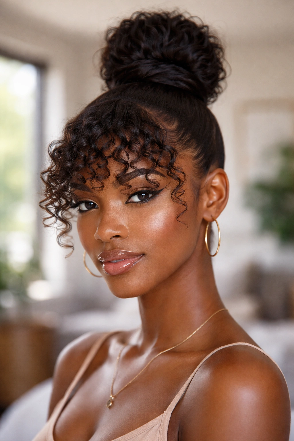 Portrait of a real woman with a sleek high bun and curly bangs across the forehead.