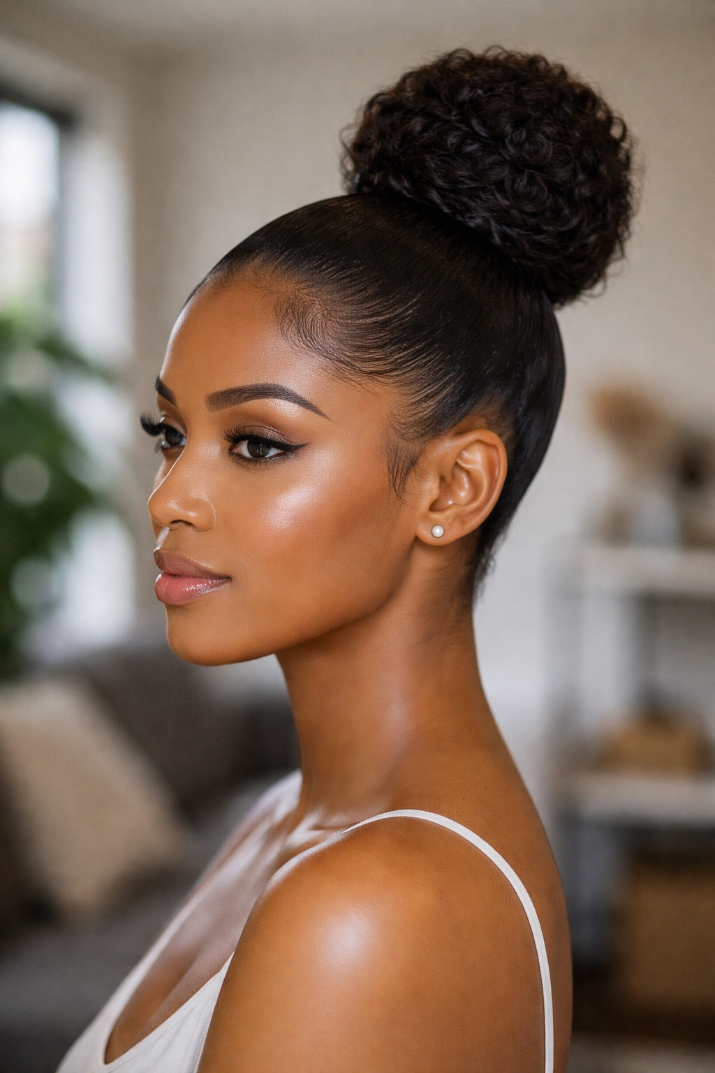 Real woman with a sleek high bun and smooth sides
