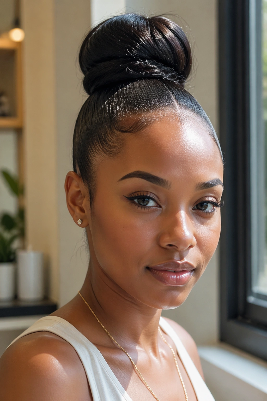 Close-up of a real woman with a sleek wrapped high bun under natural light