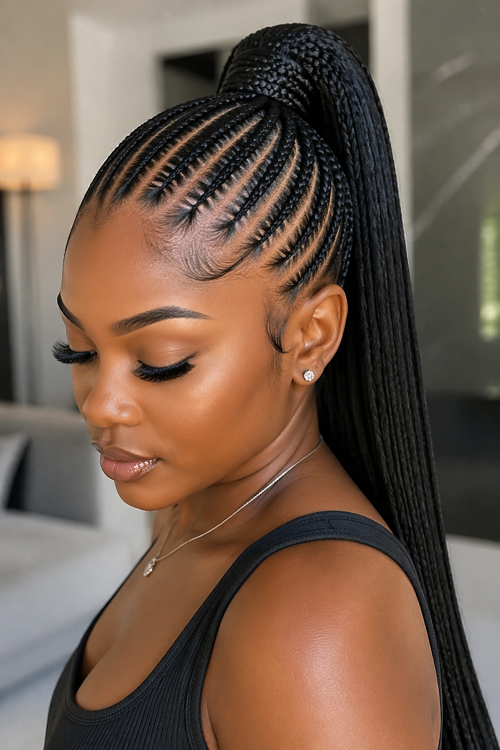 Close-up of a real woman with sleek high cornrow ponytail