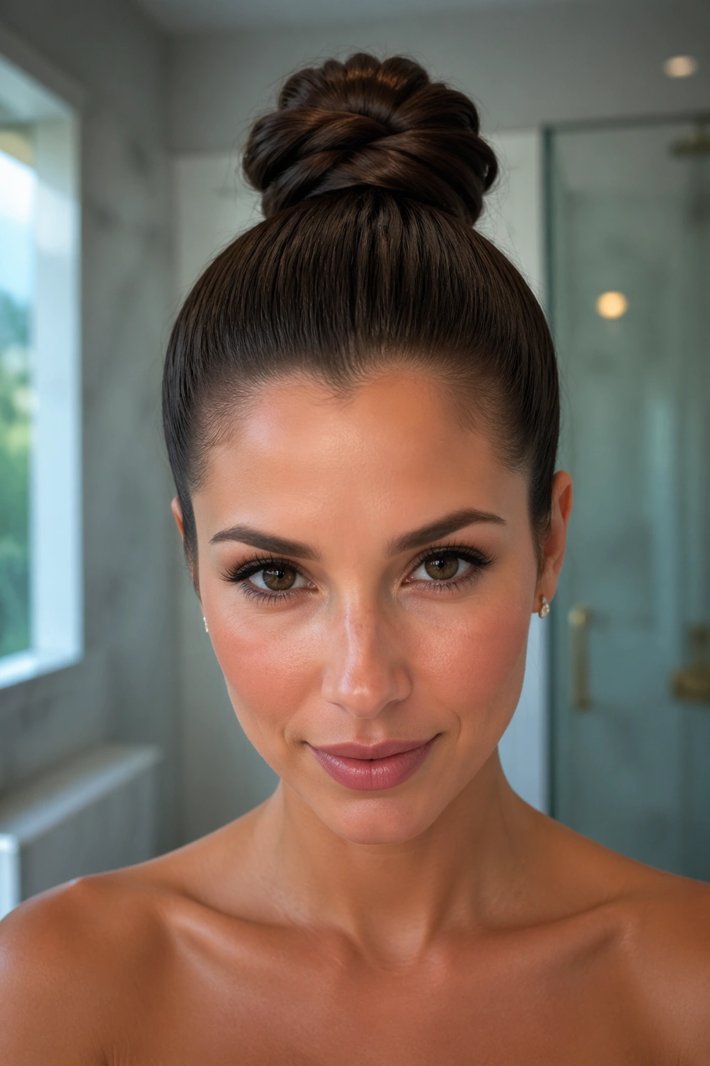 Close-up of a real woman's Sleek High Knot Ponytail at the crown with glossy hair