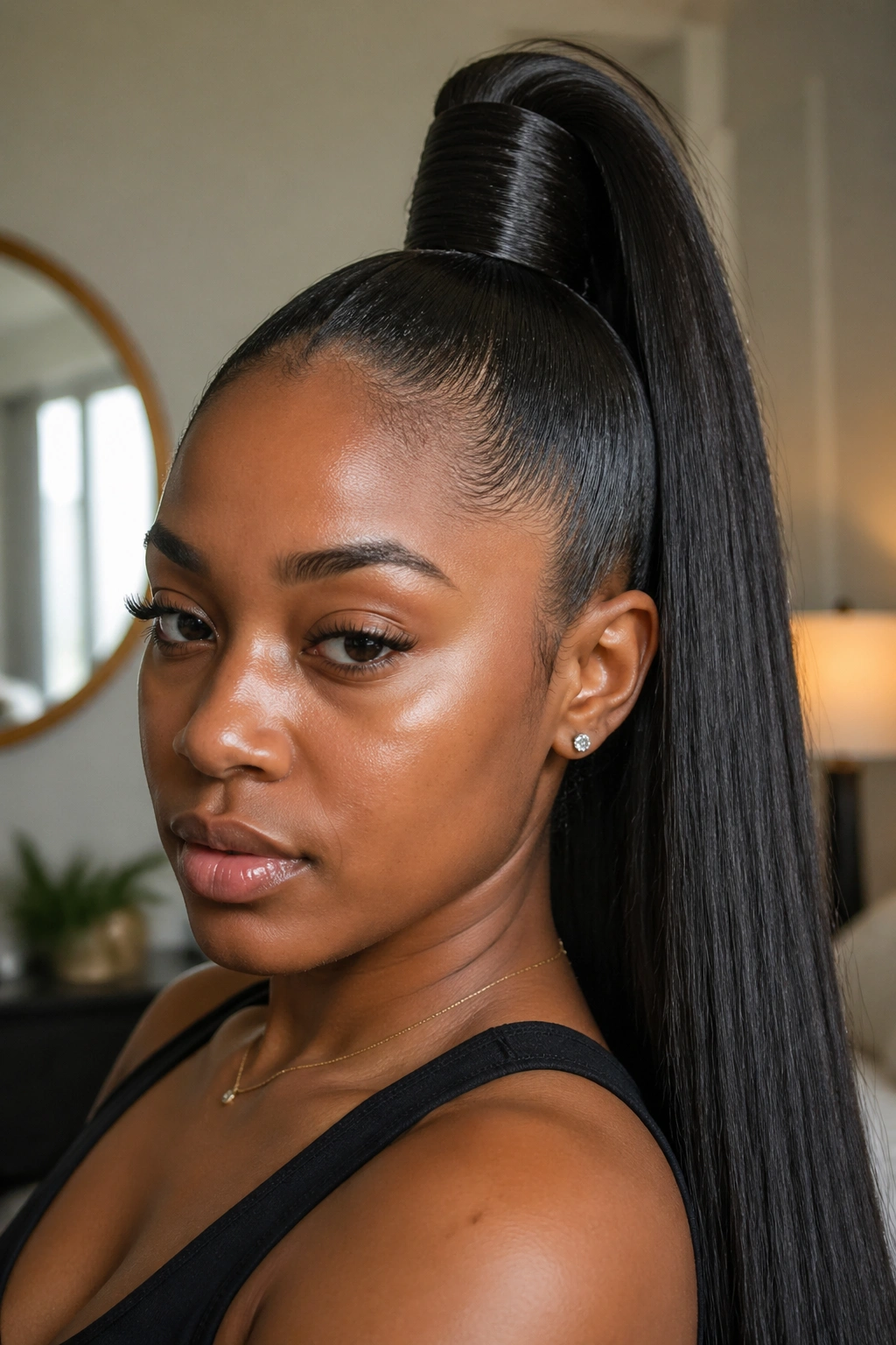 Real person with sleek high pondo and bone-straight extensions