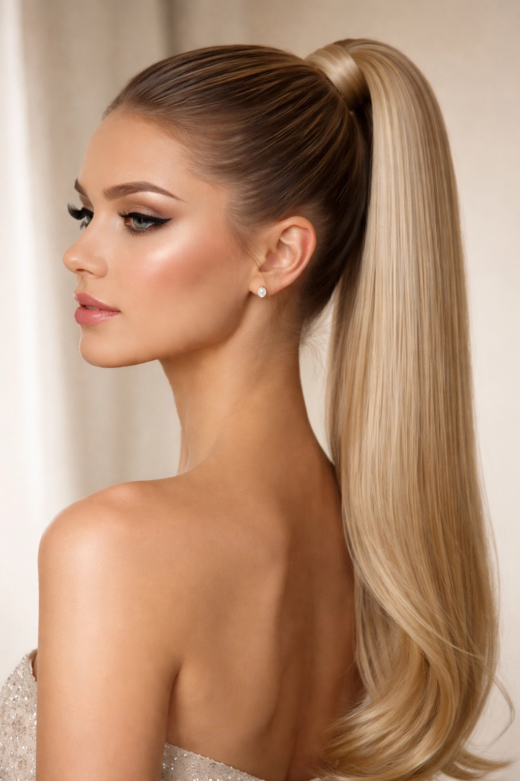 Close-up of a sleek high ponytail with glossy hair, studio lighting.