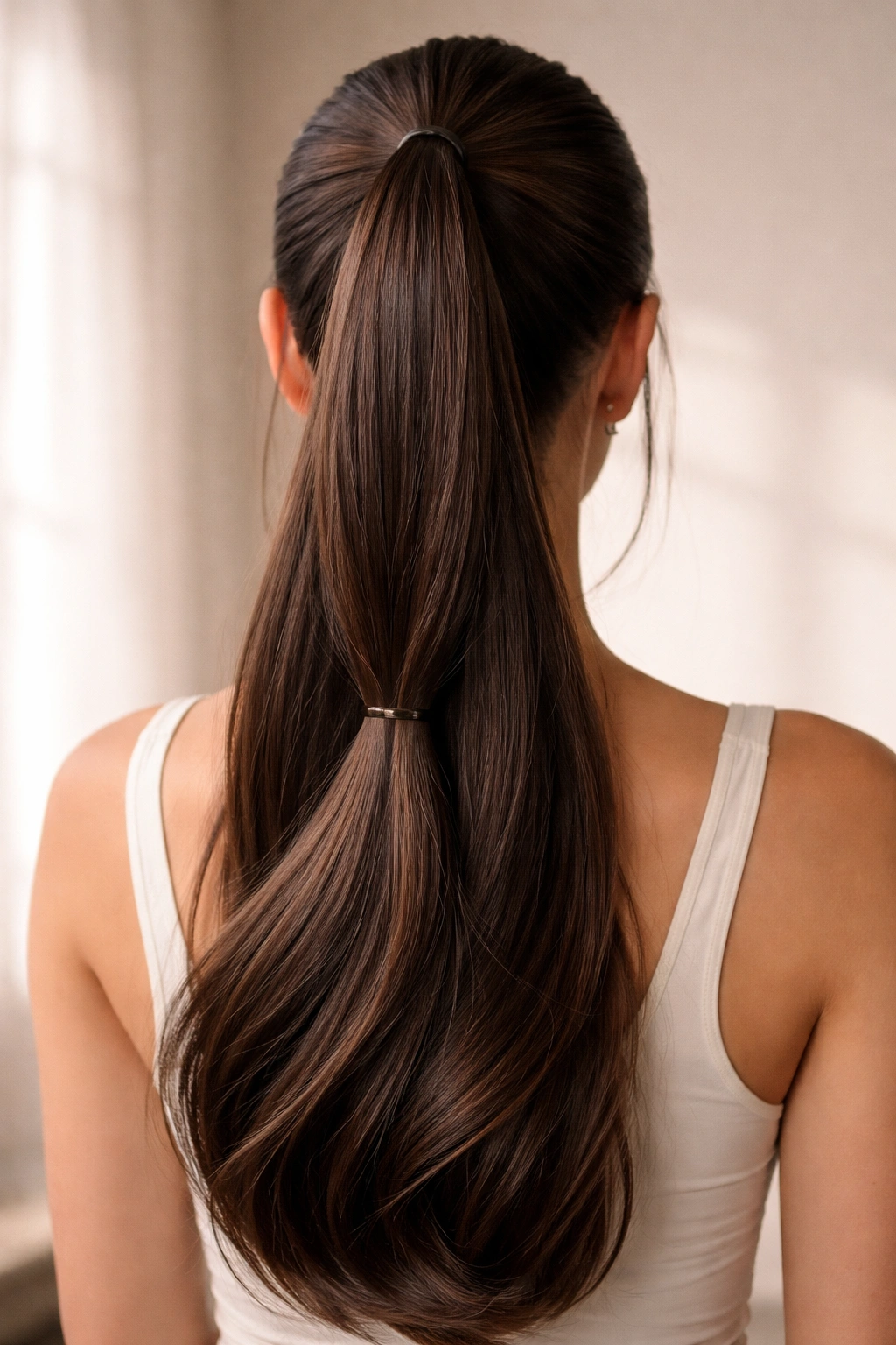 Back view of a two-tier sleek high pony showing top and bottom sections with different elastics