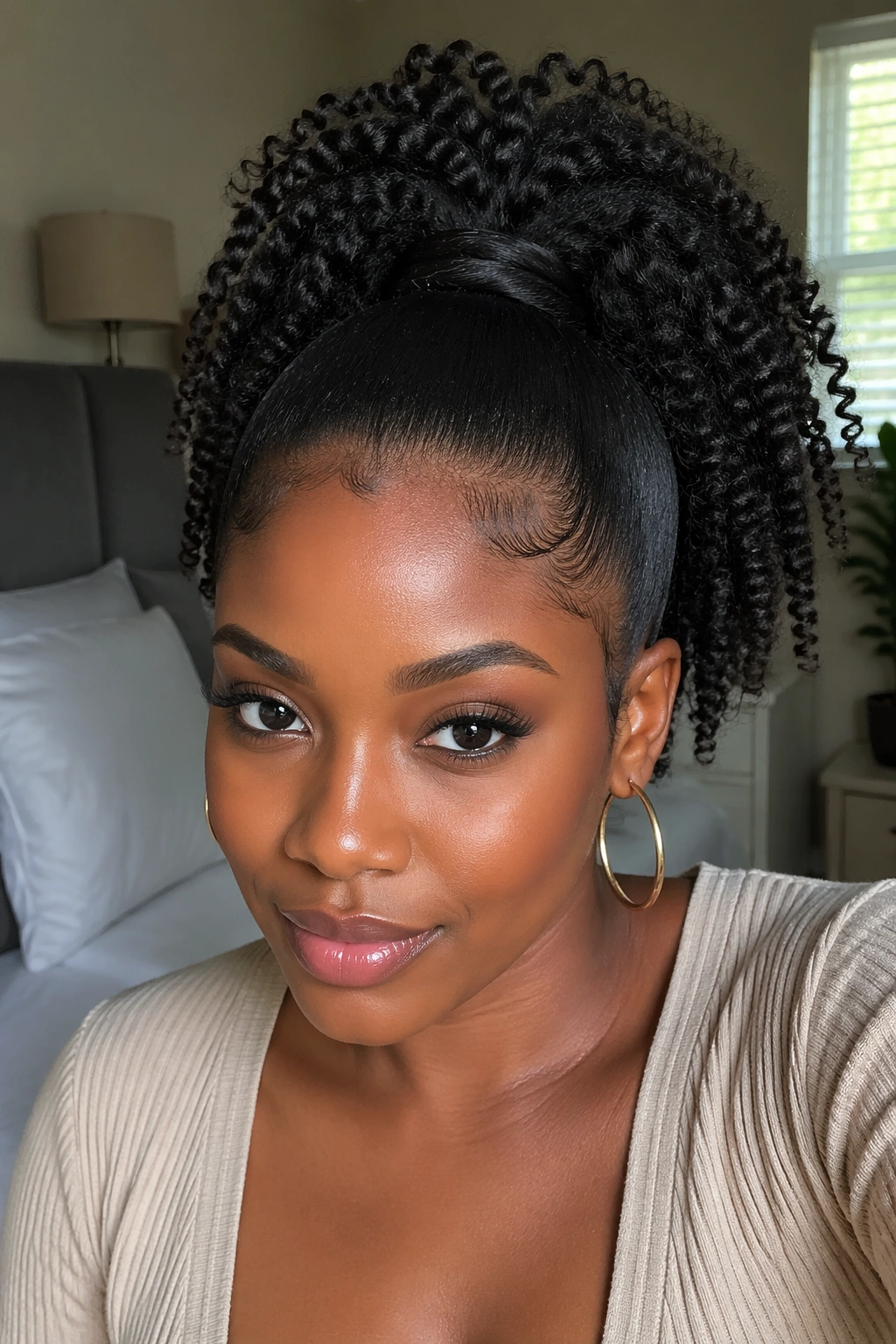 Close-up of a real woman with a sleek high ponytail on 4A hair, crown smooth and tail full