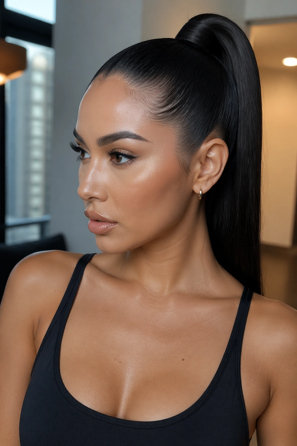 Close-up of a real woman with an extra sleek snatched high ponytail under soft interior lighting.