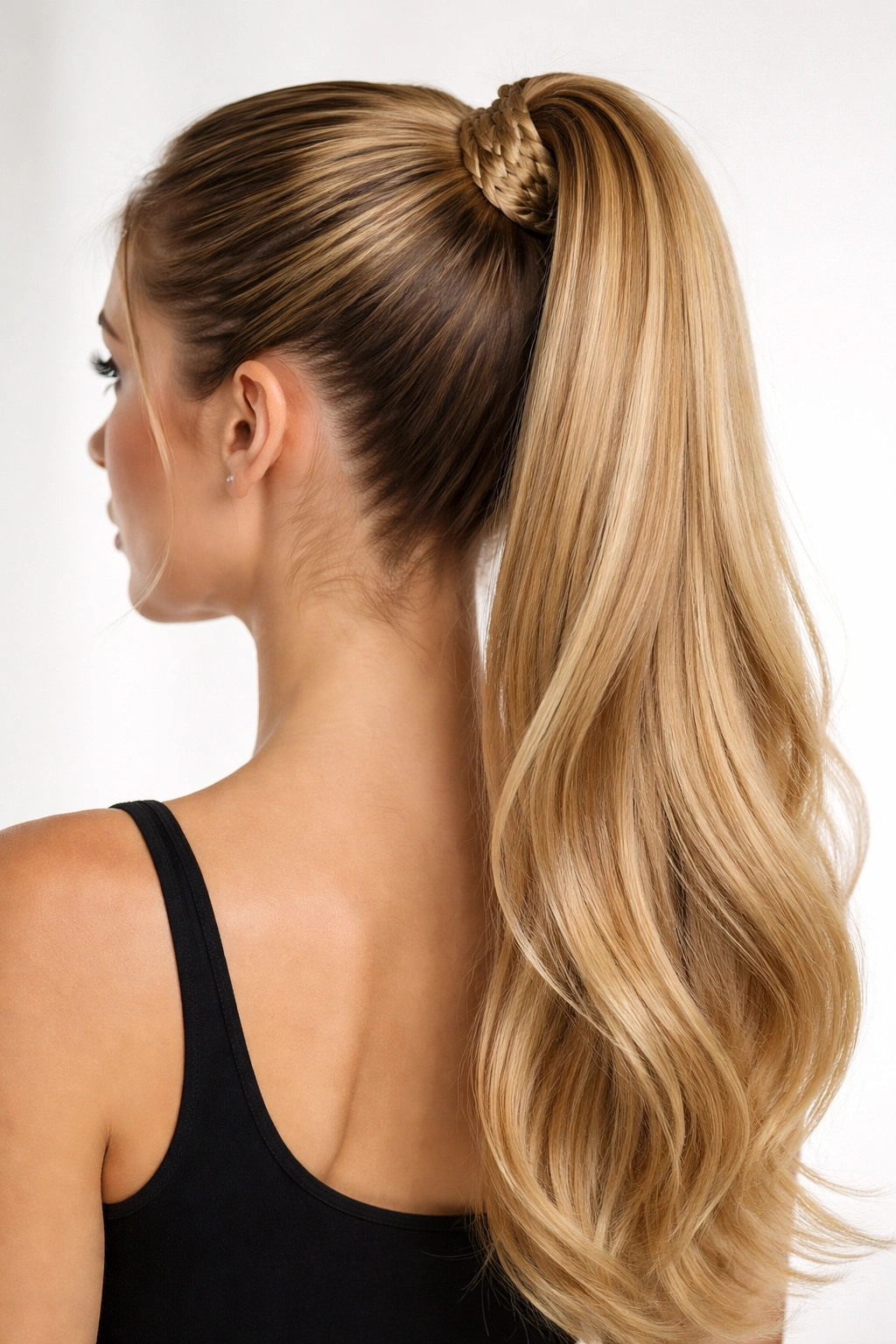 Sleek high ponytail with a braided base hiding the elastic