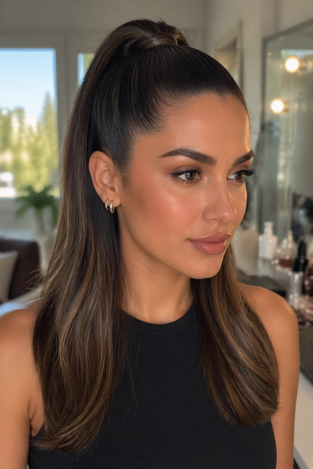 Portrait of a real woman with a sleek high half ponytail