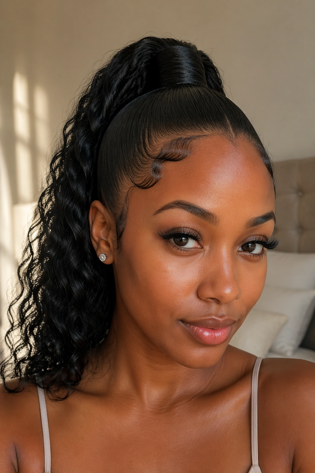 Close-up of a real Black woman with a sleek high ponytail and laid edges.