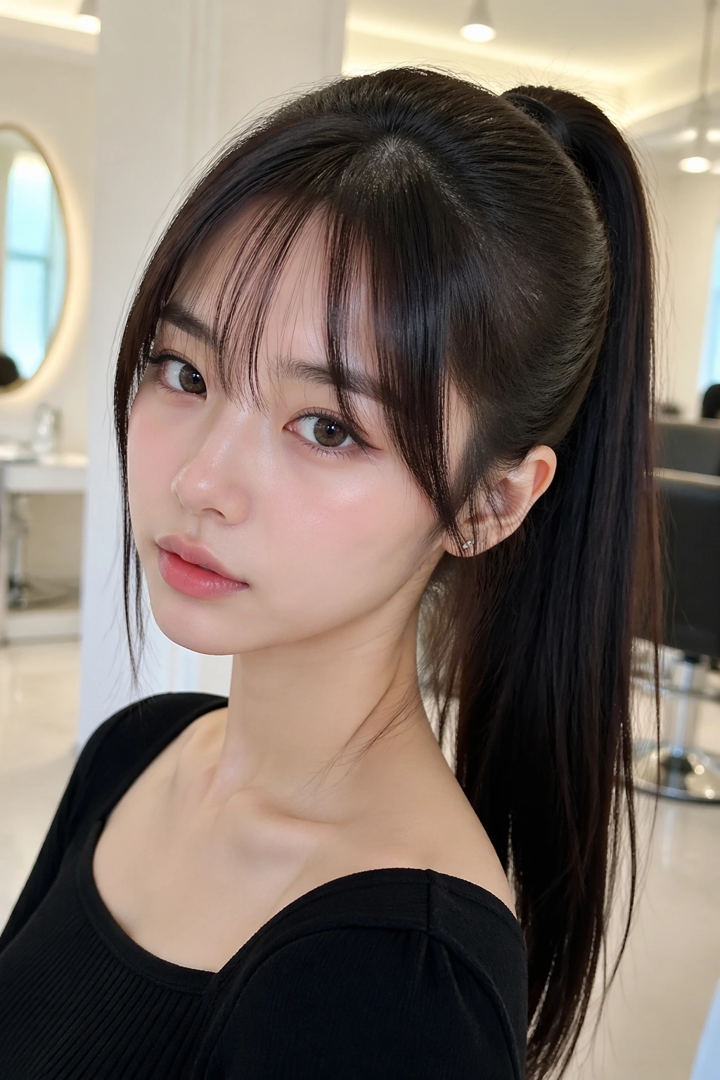 Close-up of a woman with a sleek high ponytail and see-through bangs in a modern salon.