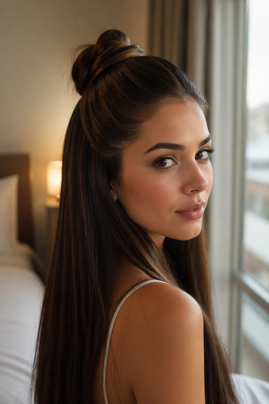 Close-up of Sleek Half-Up Knot on a real person with a crown knot and glossy long hair in soft light