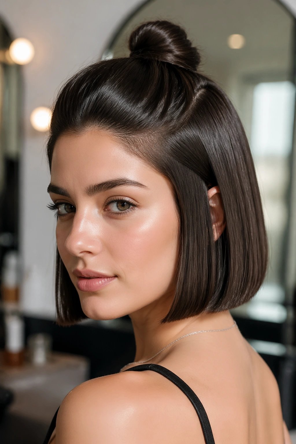 Close-up of a real woman with a sleek half-up knot on a straight bob