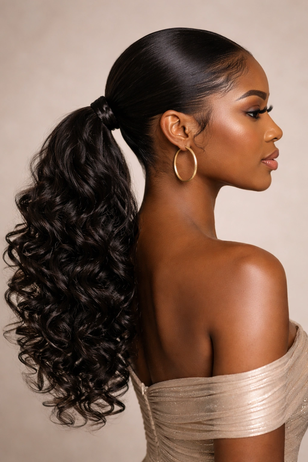 Sleek low braided ponytail with curling ends and glossy roots.
