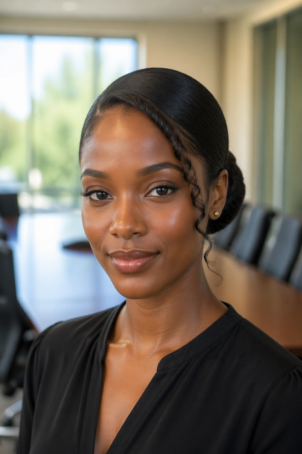 Front portrait of a Black woman with a sleek low bun and curly side piece
