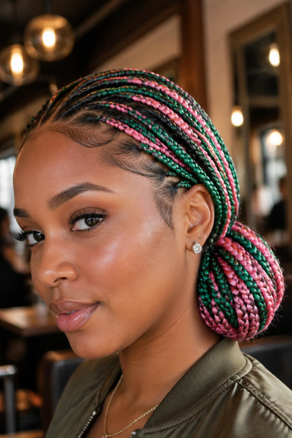 Close-up of real woman's sleek low bun with green and pink box braids at the nape