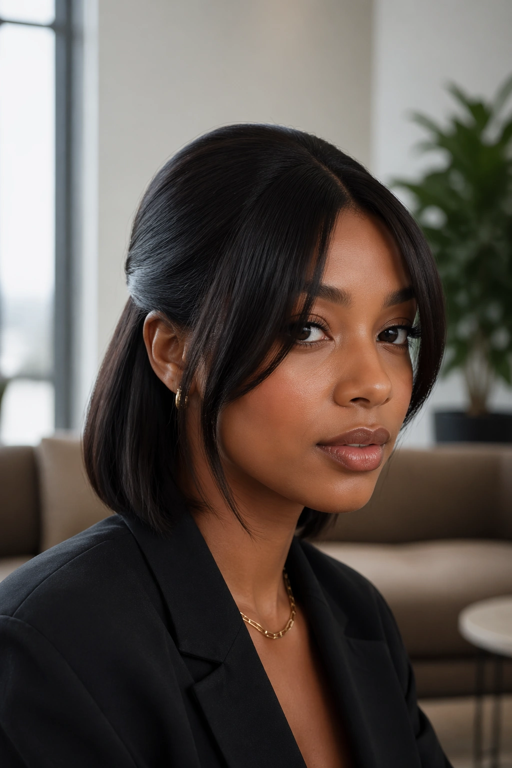 Close-up of a real Black woman with a sleek low half-up bob, middle part and face-framing bangs.