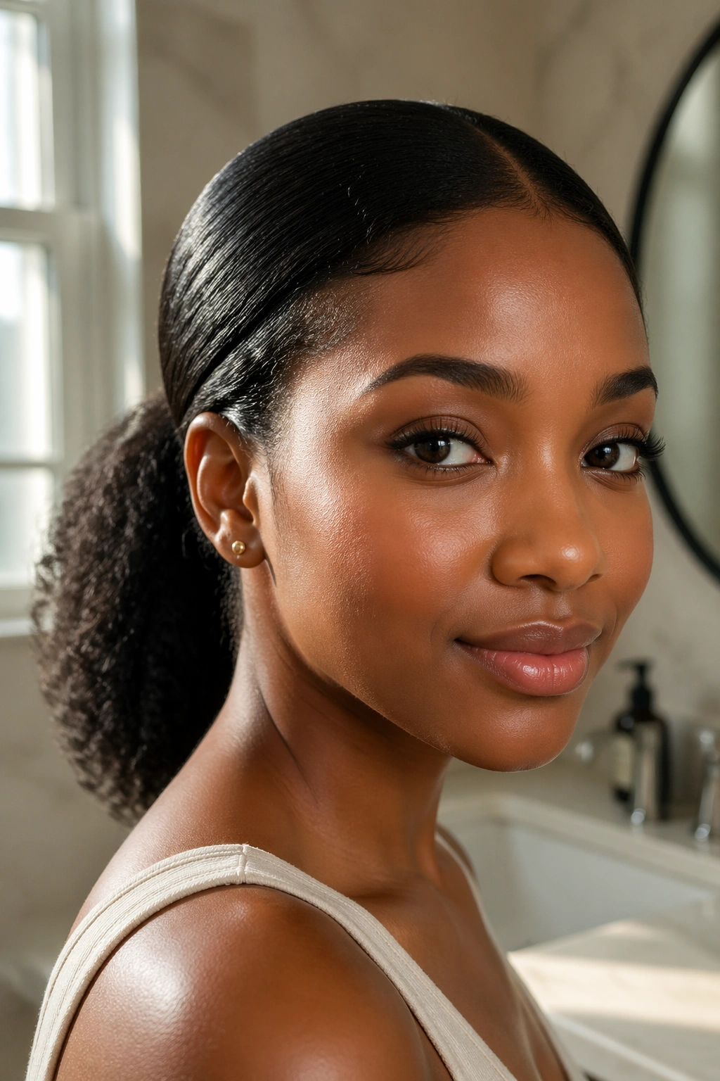 Close-up of a real woman with a sleek low pony and center part in morning light