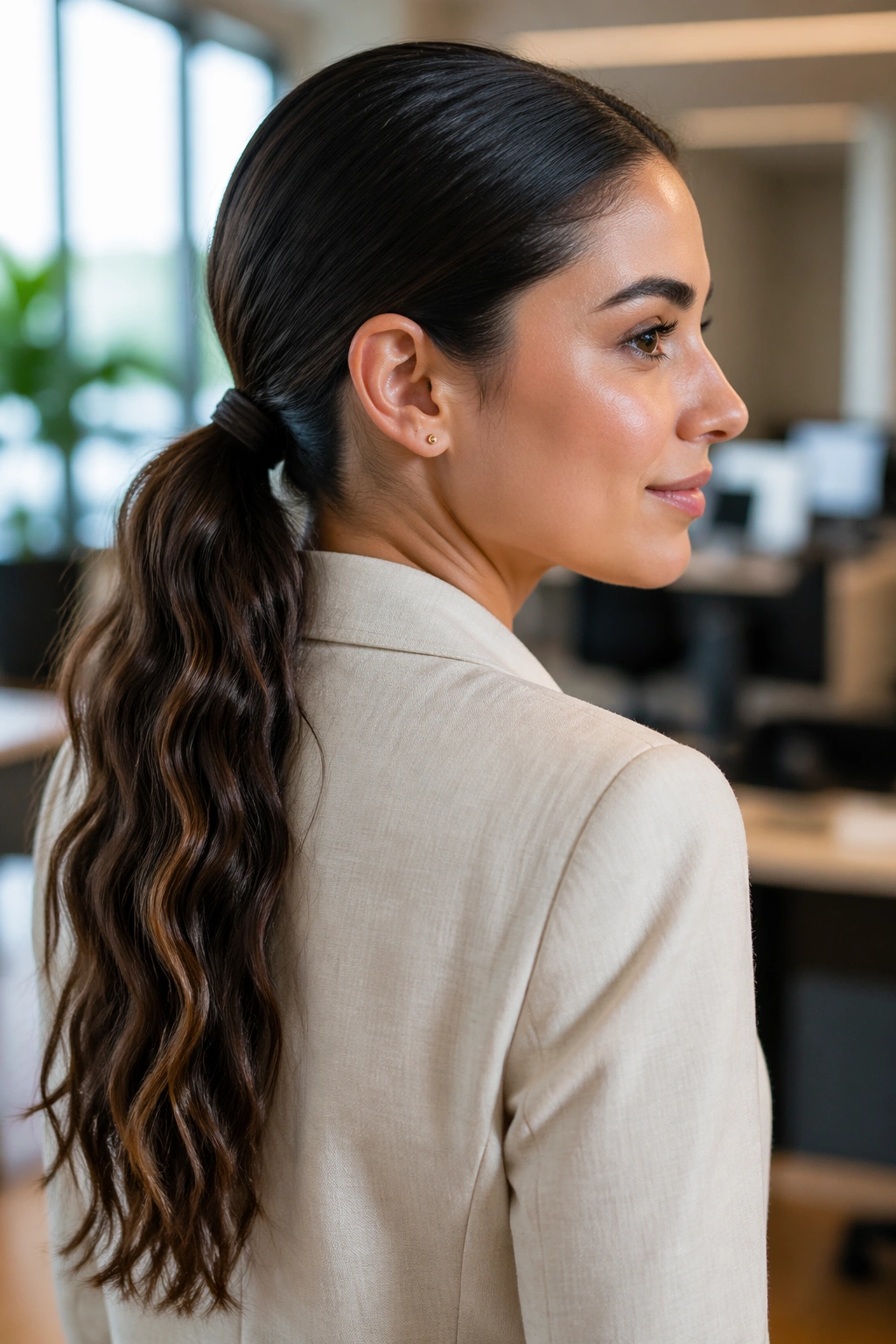 Portrait of woman with sleek low ponytail showing wavy length