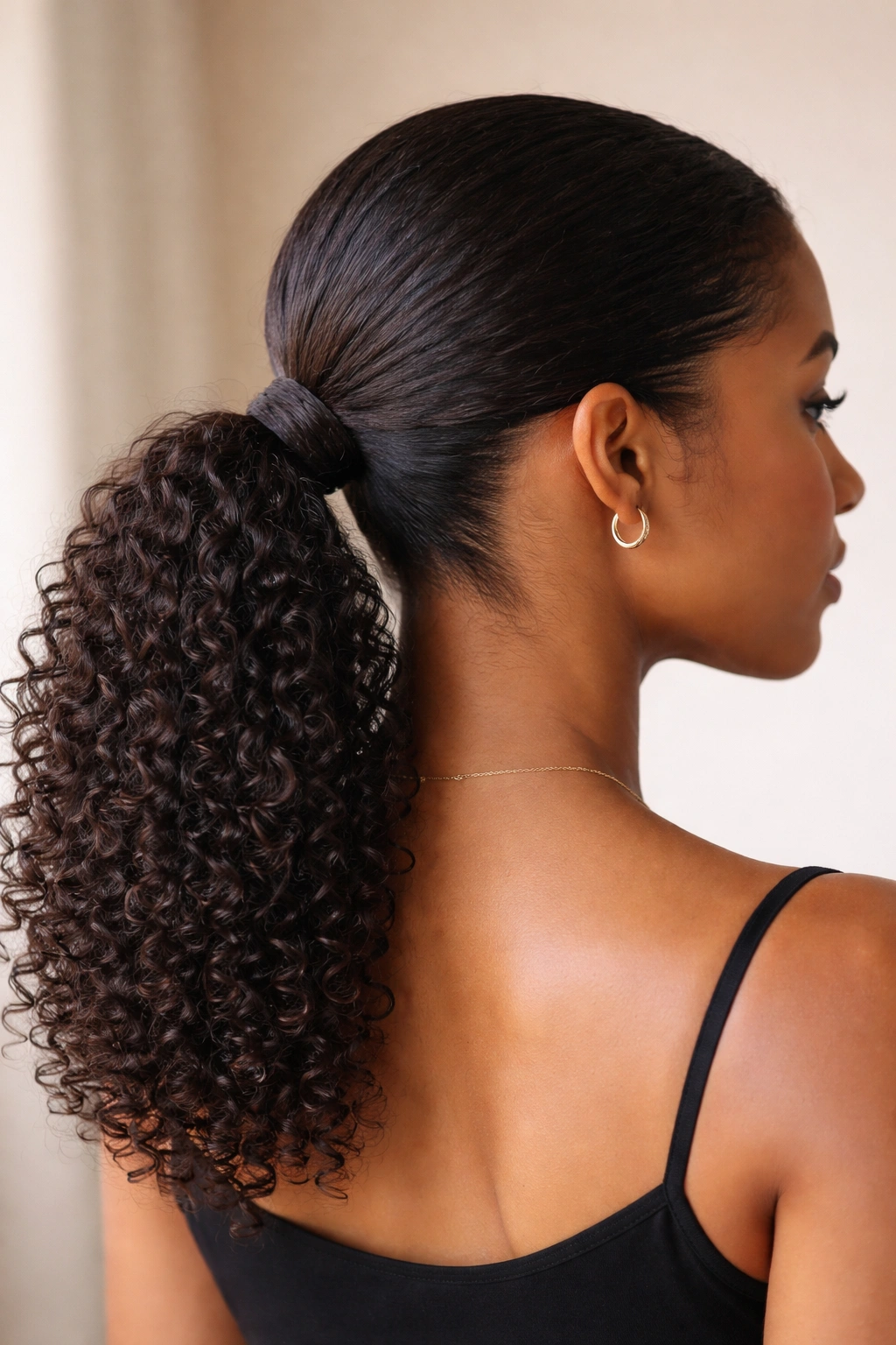 Close-up of sleek low ponytail at the nape with wrapped base on 3B hair.