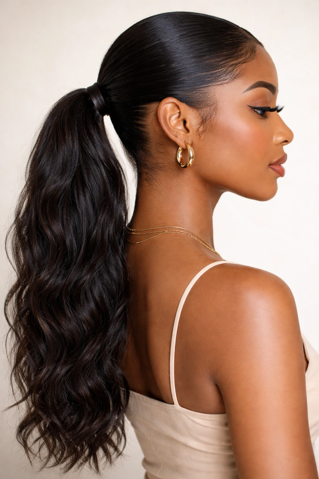 Sleek low ponytail with texture-matched extension and seamless transition