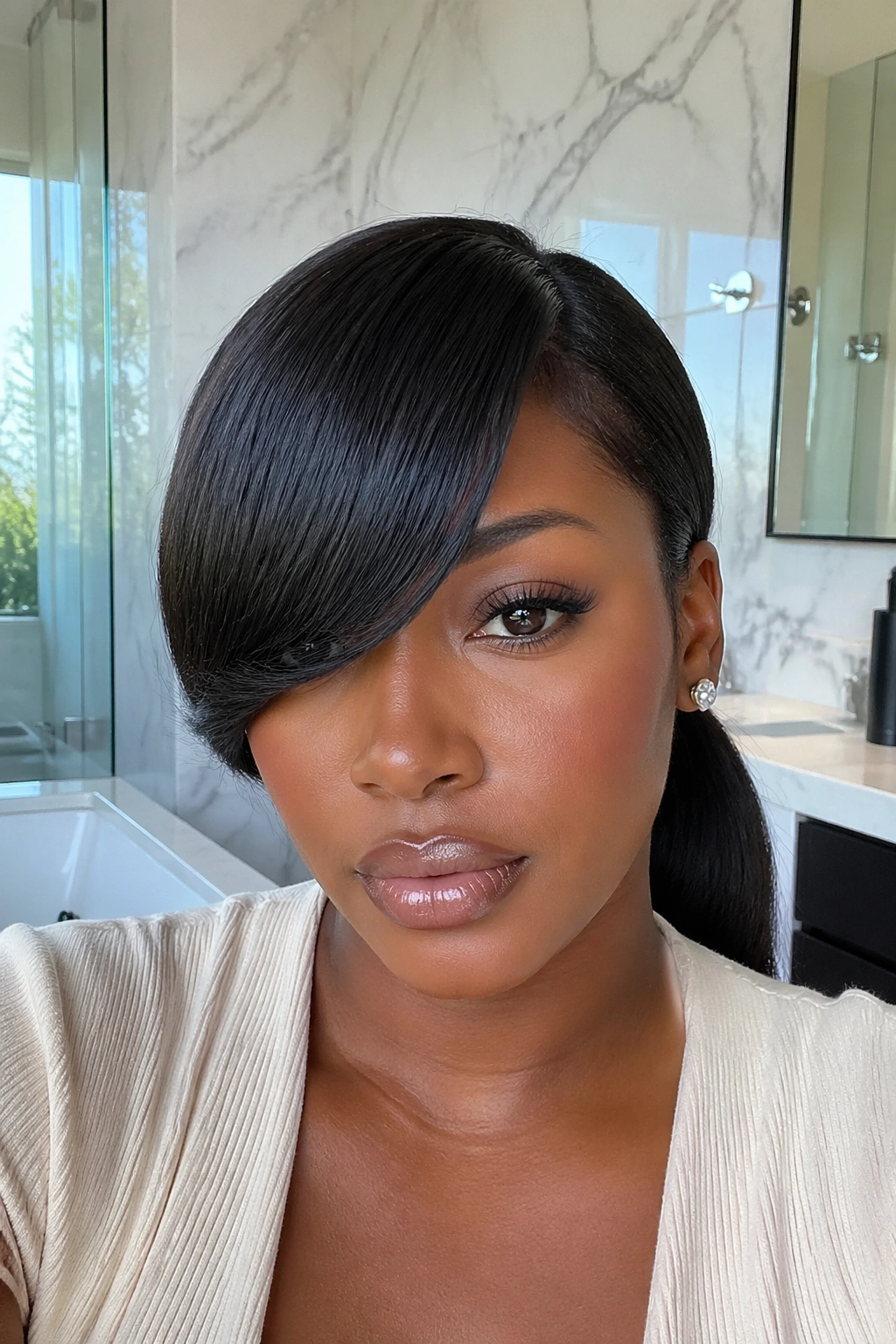 Close-up of a real woman with a sleek low ponytail and oversized side bang