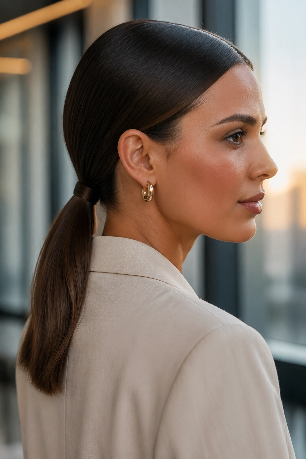 Close-up of a woman with a sleek low ponytail and center part, hair smooth at the nape.