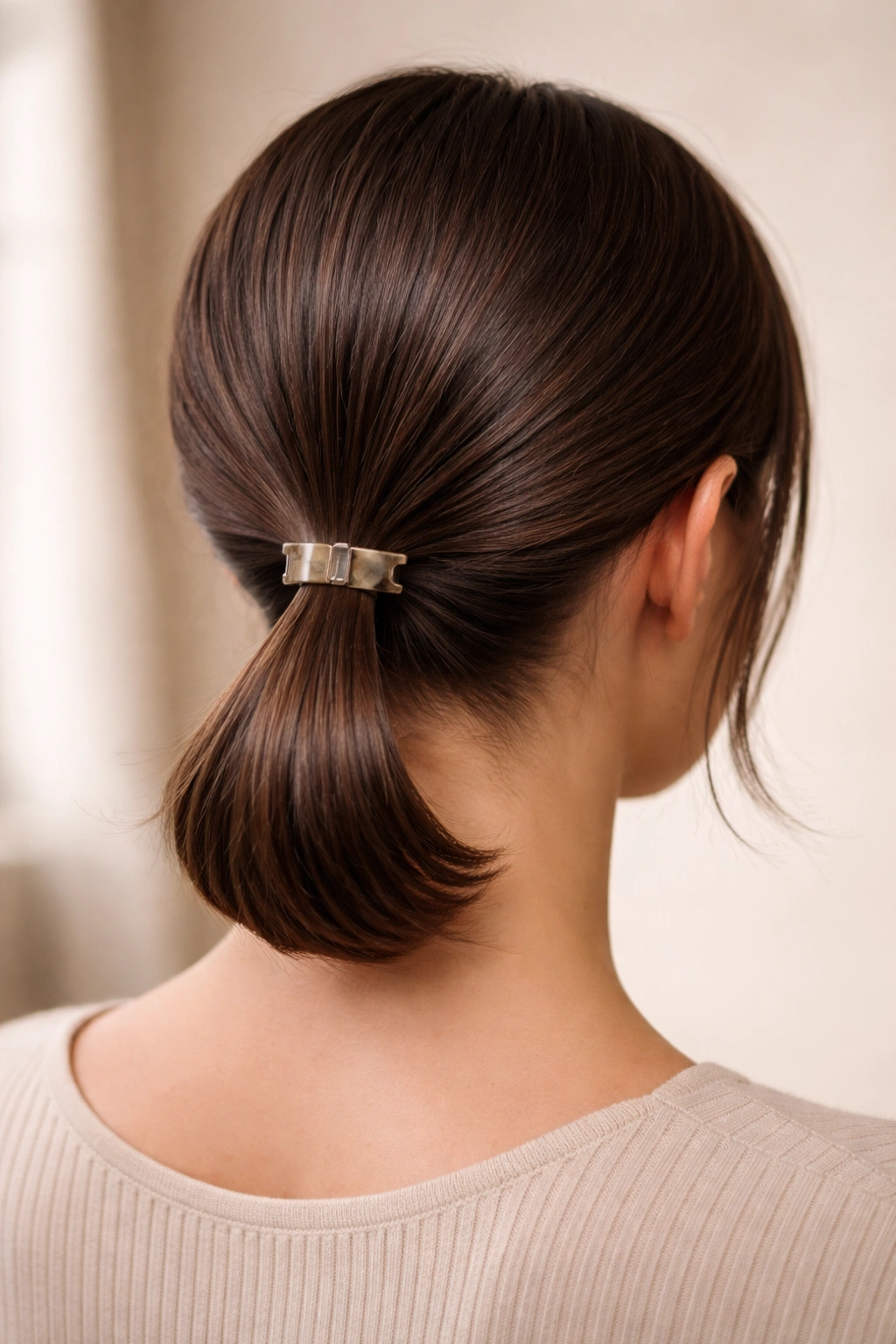 Sleek low ponytail with a small claw clip at the base