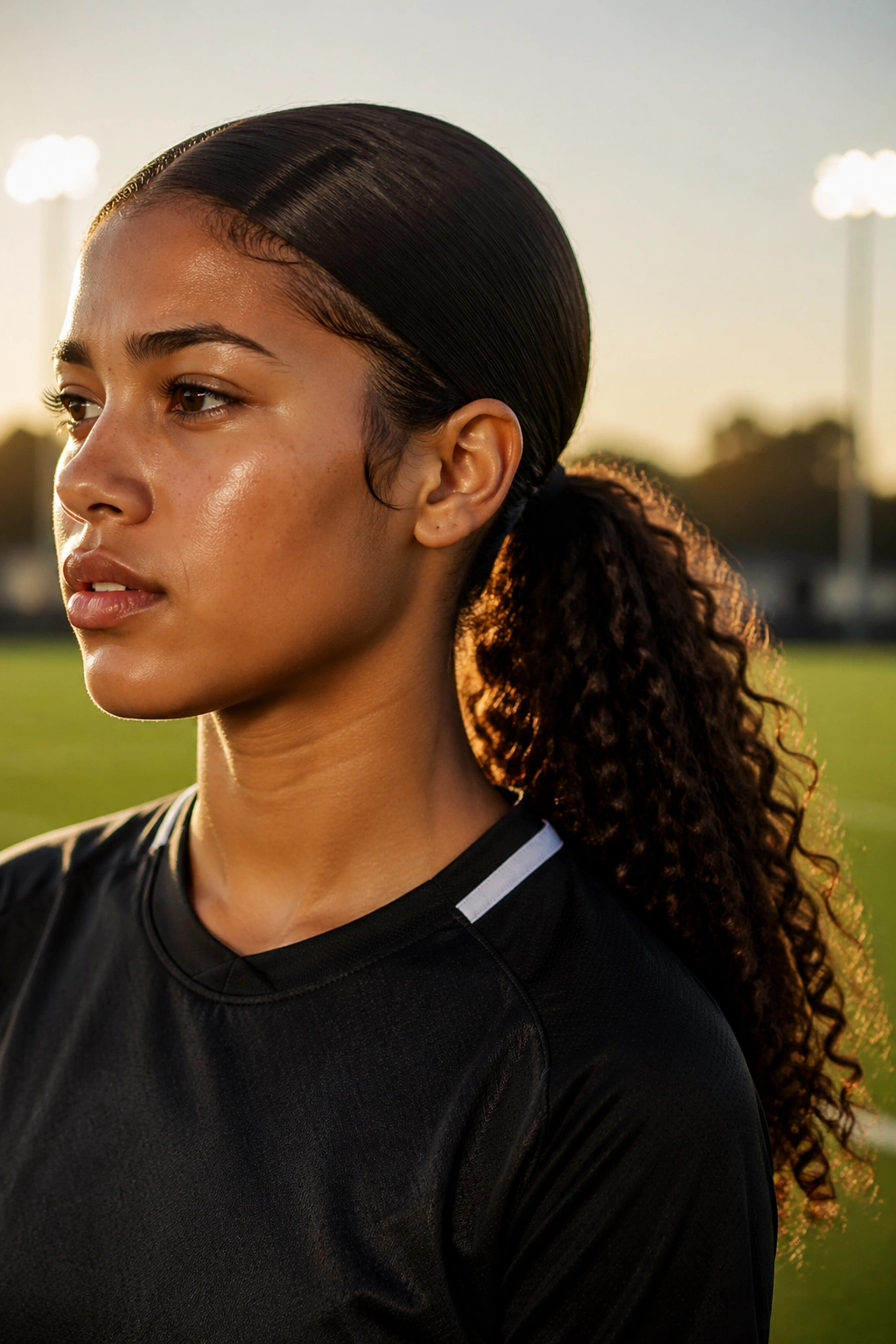 Close-up of real soccer player with sleek low ponytail and curly tail