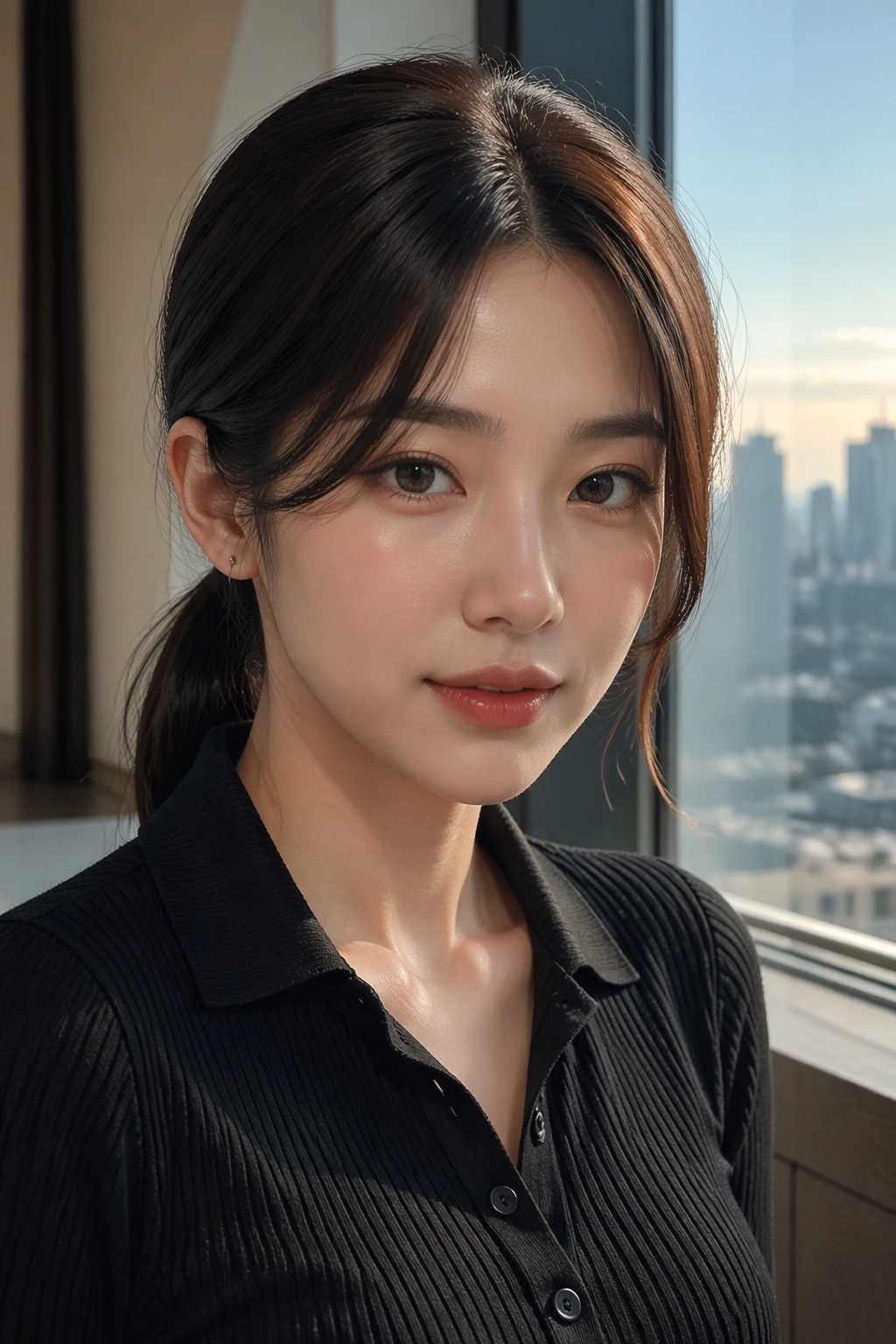 Close-up of a woman with center-part curtain bangs and a sleek low ponytail