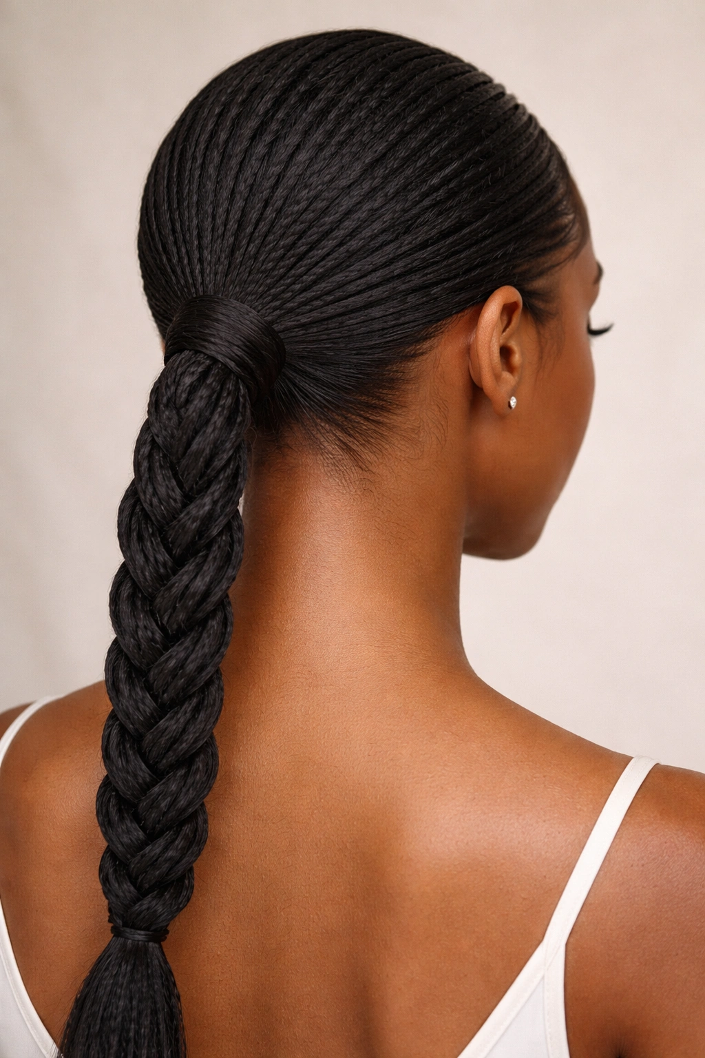 Back view of a sleek low braided ponytail at the nape of the neck on locs
