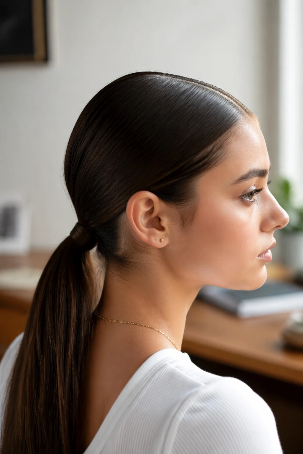Close-up of teen with sleek low ponytail at nape of neck