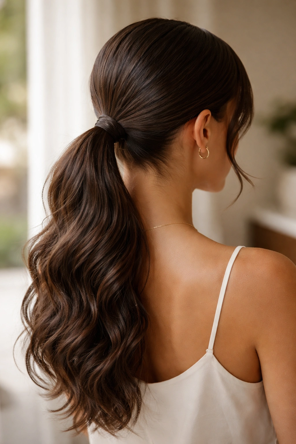 Close-up of a sleek low ponytail with soft waves at the nape