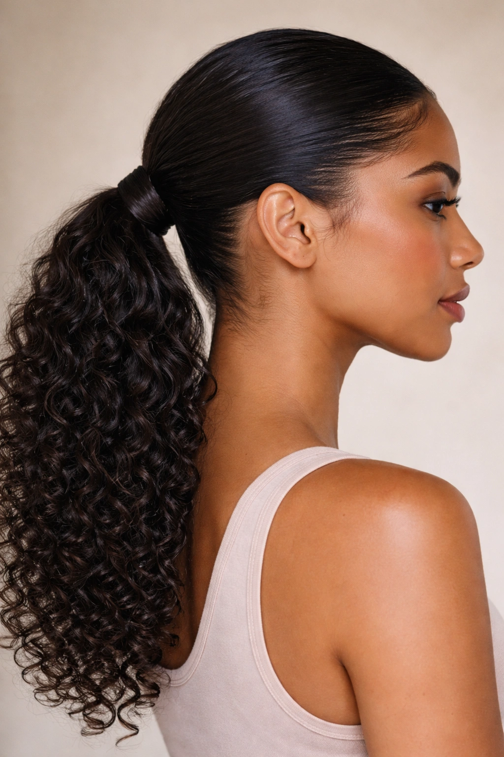Profile of sleek low ponytail with wrapped base on curly hair