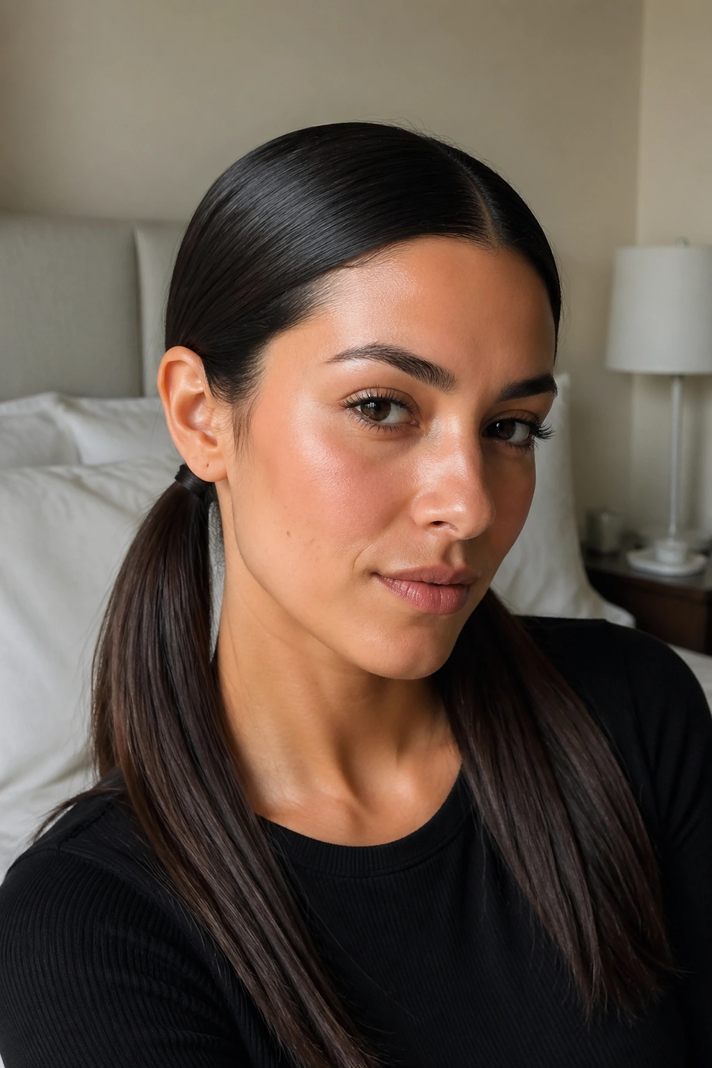 Portrait of a real woman with sleek low double ponytails at the nape