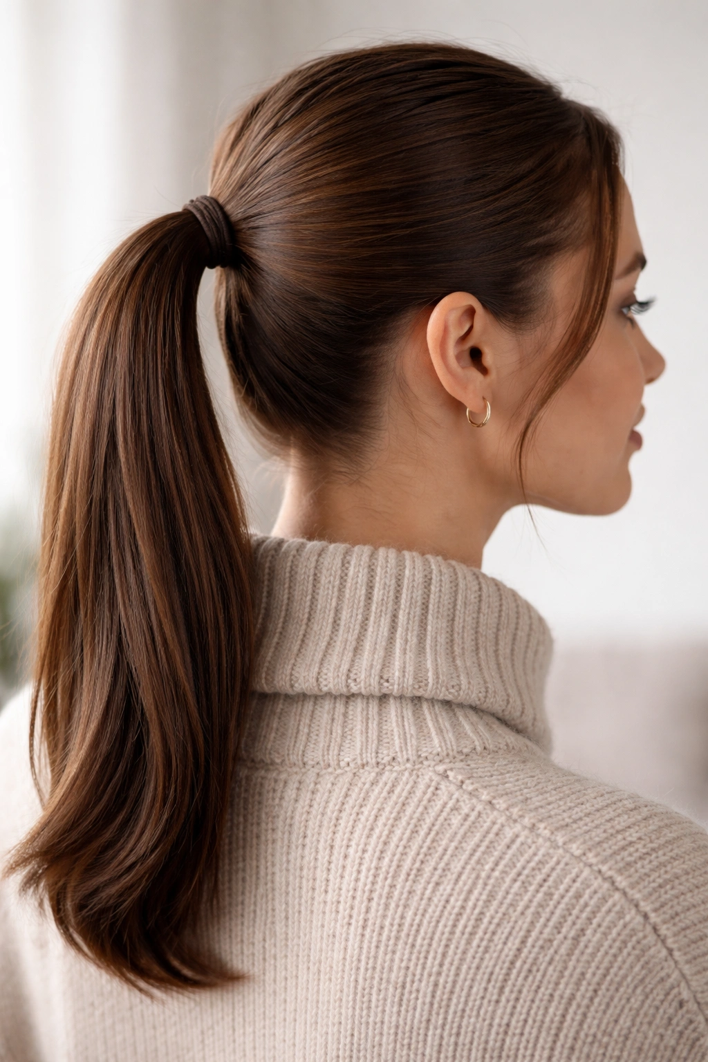 Mid-height ponytail with a smooth serum finish